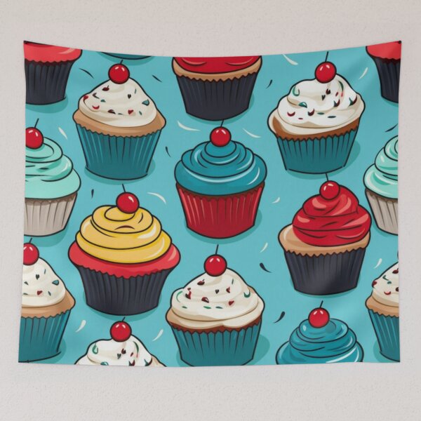 Item preview, Colorful fantasy pattern blue red pink green cream yellow white black ornaments cupcakes designed and sold by G-M-Designs.