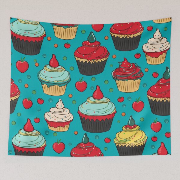 Item preview, Colorful fantasy pattern blue red pink green cream yellow white black ornaments cupcakes designed and sold by G-M-Designs.