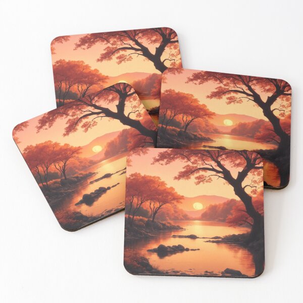 Item preview, Japanese Manga Vibes: Riverbank Sunset with Autumnal Trees designed and sold by RedArtG09.