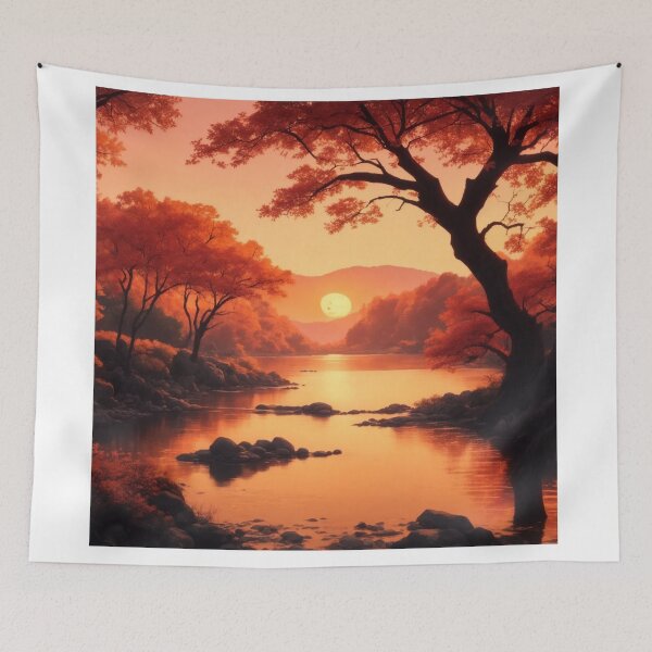 Item preview, Japanese Manga Vibes: Riverbank Sunset with Autumnal Trees designed and sold by RedArtG09.