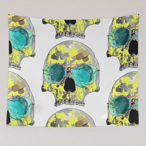 Item preview, Yellow skull with aviator sunglasses, braces, plaster bandages designed and sold by m-yoga-store.