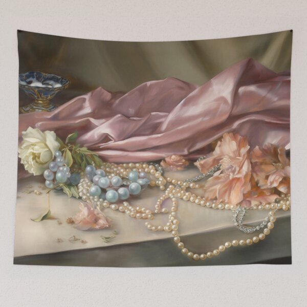 Item preview, Coquette aesthetic vintage painting of a nature morte with jewellery designed and sold by Coquette Art.