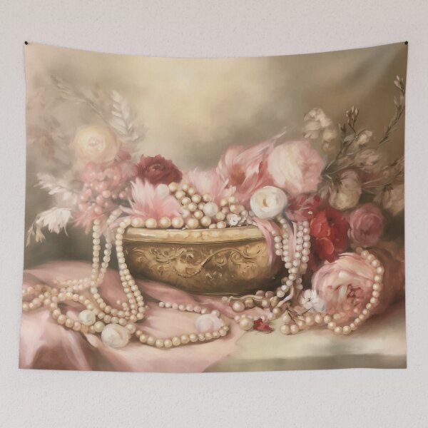 Item preview, Coquette aesthetic vintage painting of a nature morte with jewellery designed and sold by Coquette Art.