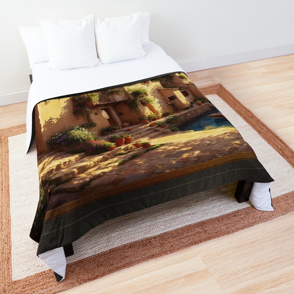 A Seaside Village In The Morning Sun Enchanting AI Concept Art by Xzendor7 Decorative Comforter