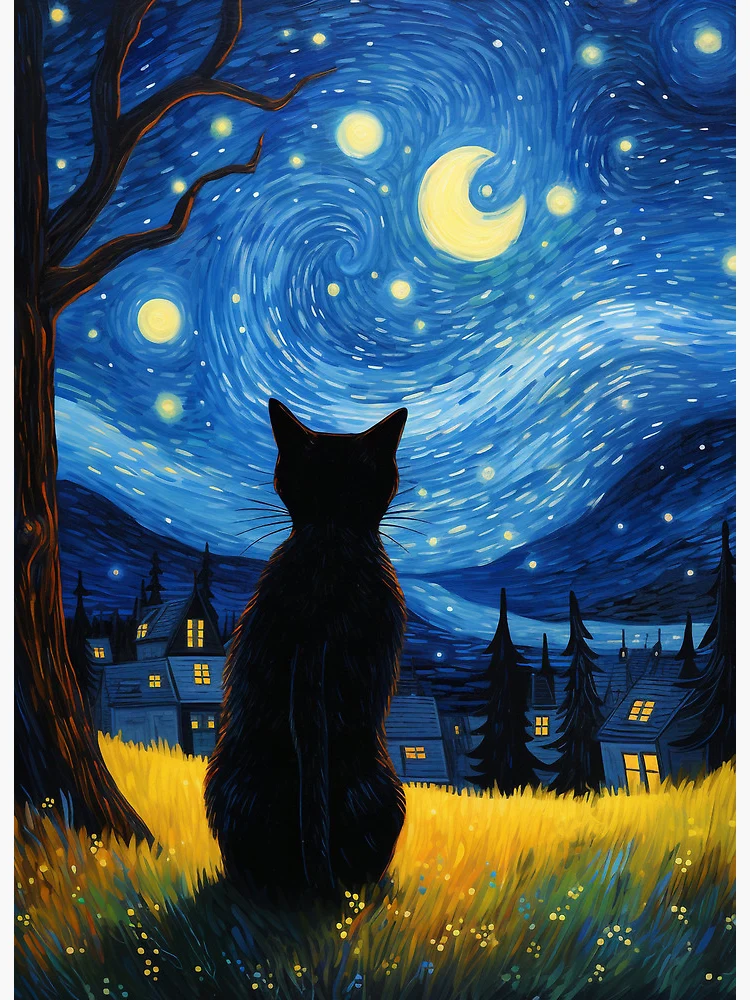 Black Cat van Gogh starry night 
