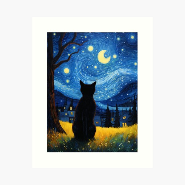 Item preview, Black Cat van Gogh starry night  designed and sold by Gatos.  Galáticos.