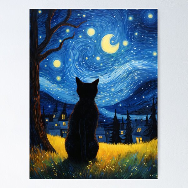 Aperçu de l'œuvre Chat noir de Van Gogh nuit étoilée créée et vendue par Gatos.  Galáticos.