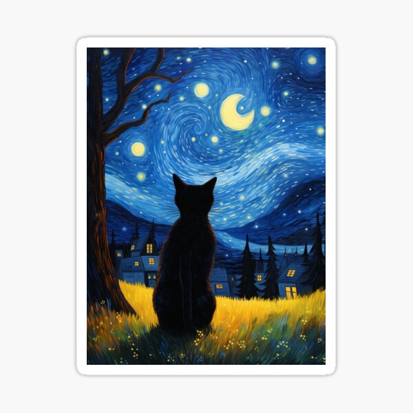Vista previa del artículo con la obra «El gato negro de van Gogh en la noche estrellada», diseñado y vendido por Gatos.  Galáticos.