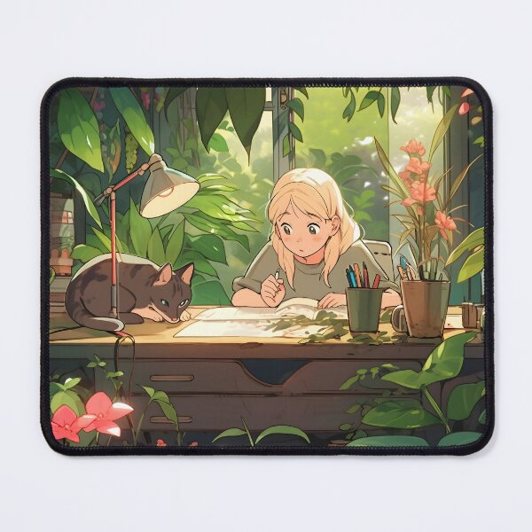Item preview, Anime Inspired Girl and Cat at a Desk designed and sold by dcrc.