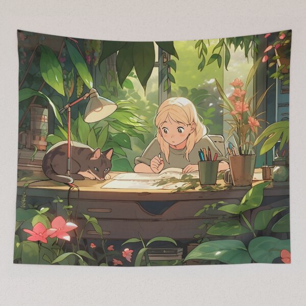 Item preview, Anime Inspired Girl and Cat at a Desk designed and sold by dcrc.