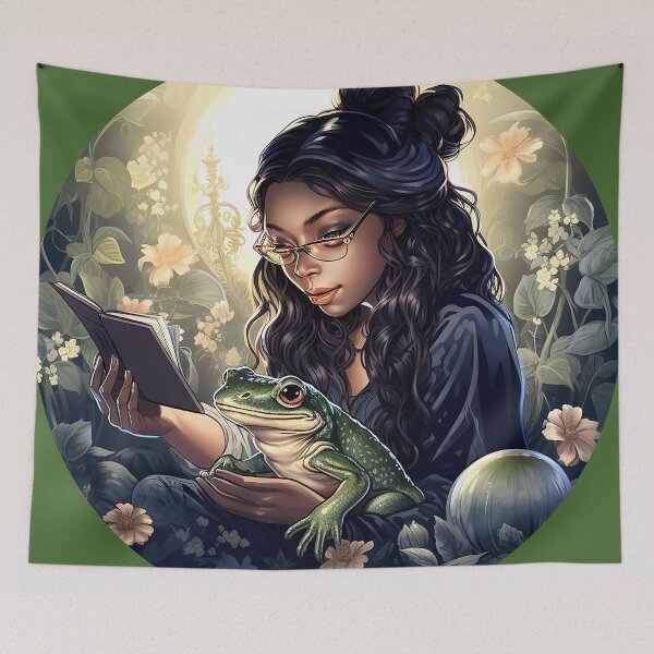 Item preview, Magical Book Witch with Frog Familiar Light Academia Supernatural Animal Lover  designed and sold by Vicki Noble Art.