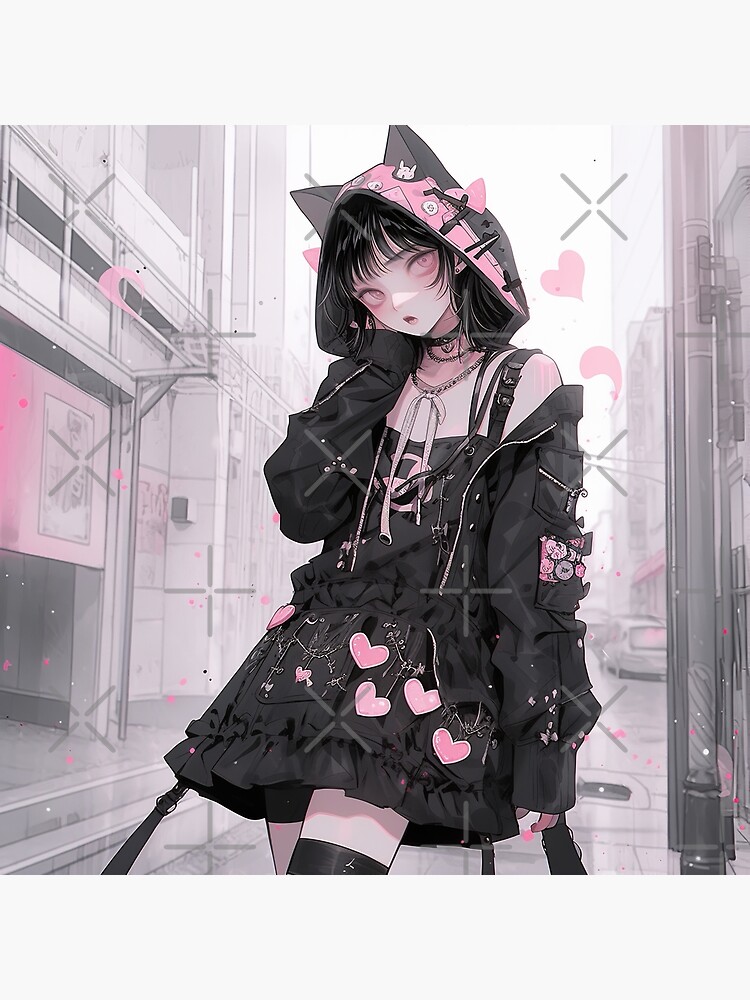Japanese Black White Pink E-Girl Kawaii Print Anime Tee & Arm