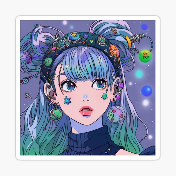 Vista previa del artículo con la obra «Linda chica de anime Harajuku futurista verde azul», diseñado y vendido por bubblegoth.