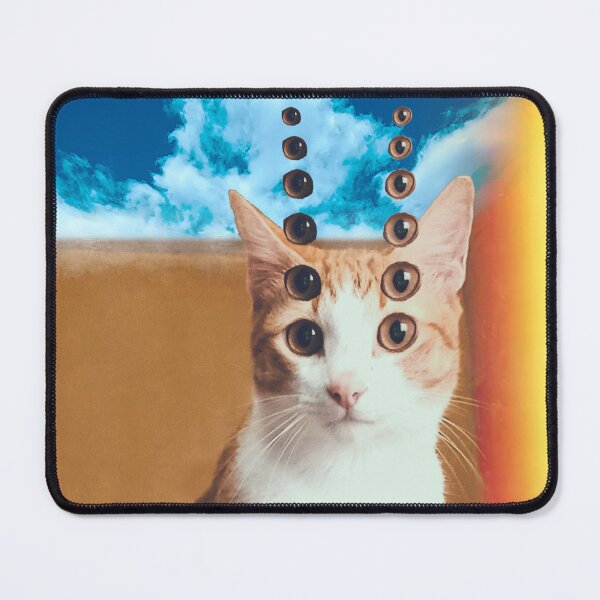 Item preview, orange cat with multiple eyes, in a desert with blue sky - surrealist - surrealism- wird cat designed and sold by PizzaAnitashop.