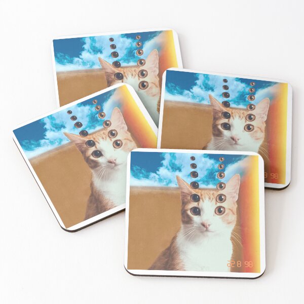 Item preview, orange cat with multiple eyes, in a desert with blue sky - surrealist - surrealism- wird cat designed and sold by PizzaAnitashop.