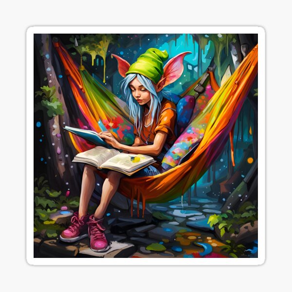 Fairy elf is reading a book in a hammock Sticker
