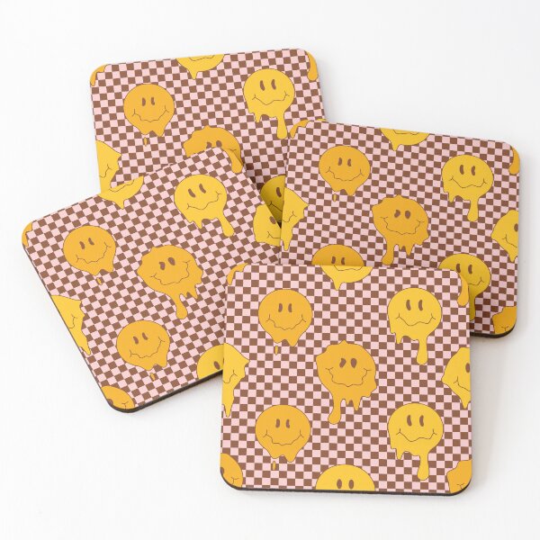 Item preview, Hippie groovy melting smile faces on checkered background with distorted squares. Psychedelic Melted Smiley Face pattern.  designed and sold by CoCoArt-Ua.