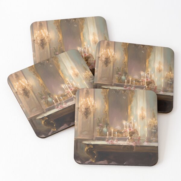 Item preview, Coquette aesthetic vintage painting of a golden mirror with chandeliers designed and sold by Coquette Art.