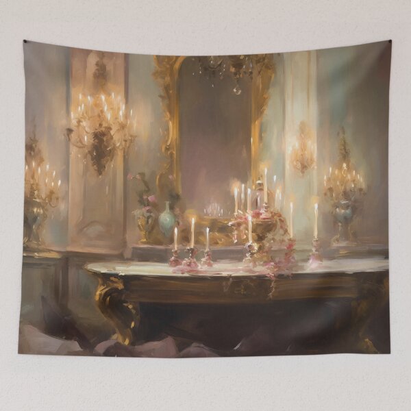 Item preview, Coquette aesthetic vintage painting of a golden mirror with chandeliers designed and sold by Coquette Art.
