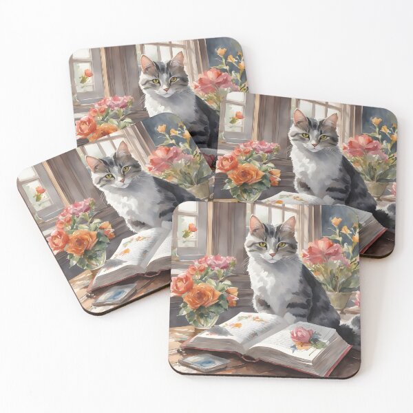 Item preview, Cat in front of a book with flowers designed and sold by Jambonfromage.
