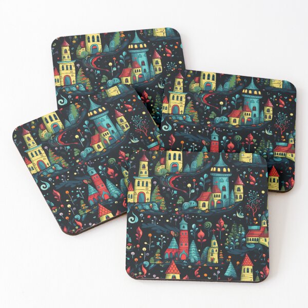 Item preview, Colorful fantasy pattern orange blue red green turquoise yellow black ornament fairytale castles designed and sold by G-M-Designs.