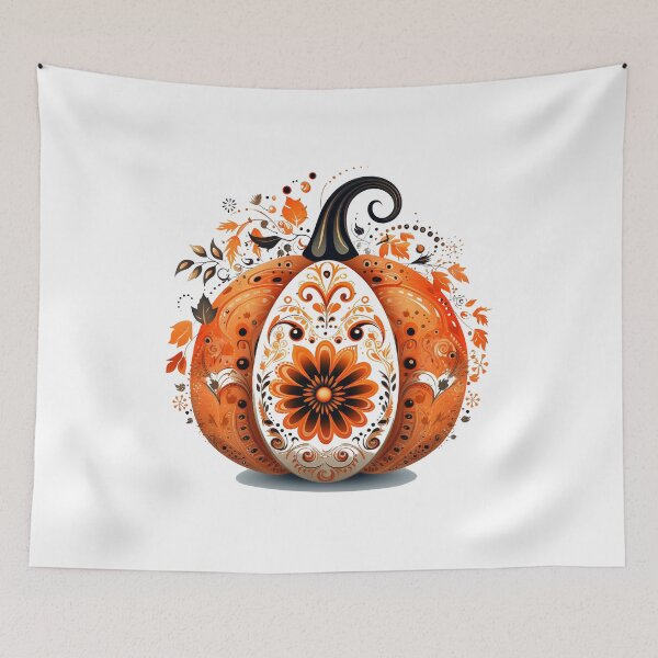 Item preview, Boho halloween pumpkin design, pumpkin decorated with leaves, flowers and patterns designed and sold by SvarunPogani.