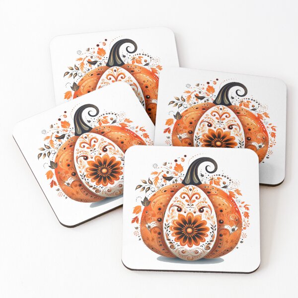 Item preview, Boho halloween pumpkin design, pumpkin decorated with leaves, flowers and patterns designed and sold by SvarunPogani.