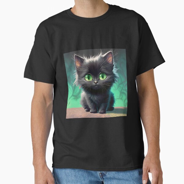 Cute and Fluffy Black Kitten Kawaii Halloween Kitsch Cat AI Generated Classic T-Shirt