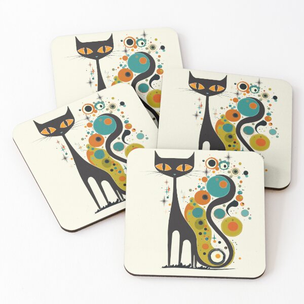Aperçu de l'œuvre Chat atomique moderne du milieu du siècle, chat noir rétro, MCM, style Kandinsky créée et vendue par BrightStreet.