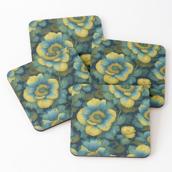 Item preview, Retro blue gold flowers designed and sold by ArtyBuys.