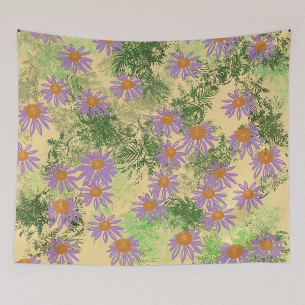 Item preview, Flores de crisantemo morado con hojas verdes sobre amarillo claro. designed and sold by Yolanda Designs.