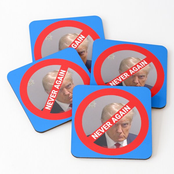 Item preview, PMD01036 Progressive Movement Designs Trump Mugshot Never Again symbol for progressives and liberal Democrat resistance against bigotry, for liberal Democrats or progressives indictment mugshot designed and sold by ProgressiveLeft.