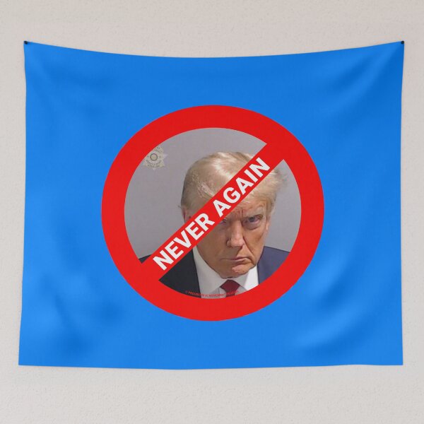 Item preview, PMD01036 Progressive Movement Designs Trump Mugshot Never Again symbol for progressives and liberal Democrat resistance against bigotry, for liberal Democrats or progressives indictment mugshot designed and sold by ProgressiveLeft.