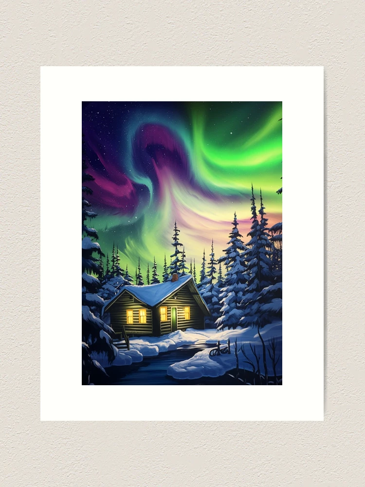 Winter Landscape, Original Northern Lights Painting, Christmas