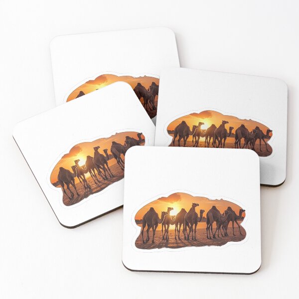 Item preview, many camels with bodwins walk against the backdrop of a sunset in the desert designed and sold by abmkf.
