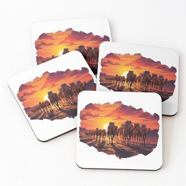 Item preview, Camels with bodwins walk against the backdrop of a sunset in the desert designed and sold by abmkf.