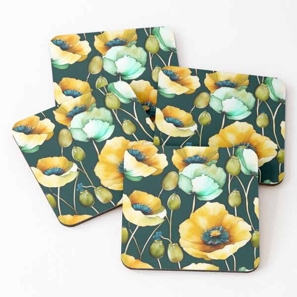Artikelvorschau, Wunderschöne aquamarine und goldene Muster-Aquarell-Vintage-Mohnblumen entworfen und verkauft von Moonsiess.