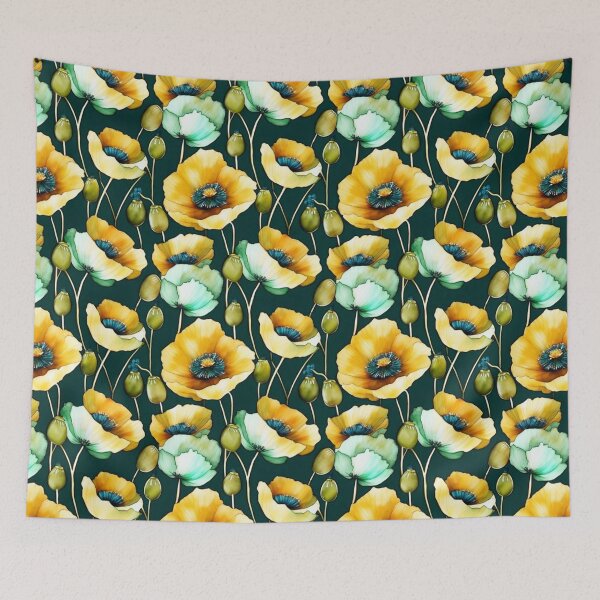 Artikelvorschau, Wunderschöne aquamarine und goldene Muster-Aquarell-Vintage-Mohnblumen entworfen und verkauft von Moonsiess.