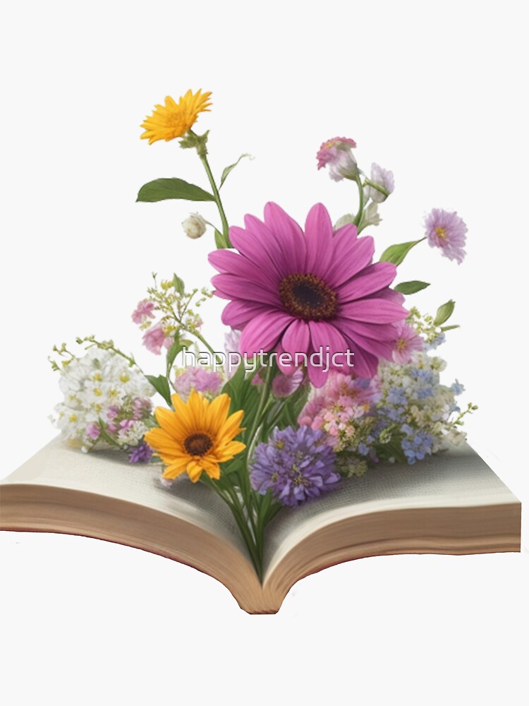 flowers growing from book Sticker for Sale by peachesnglow