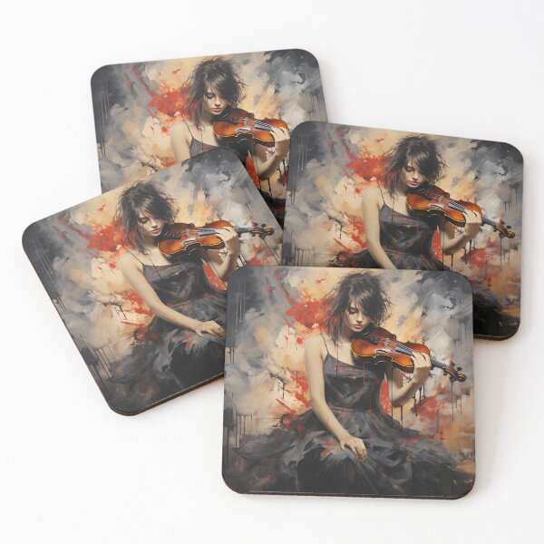 Item preview, Melody & Ink: The Tattoo-Styled Muse with a Violin Against a Crimson Grunge Canvas designed and sold by oanaunciuleanu.