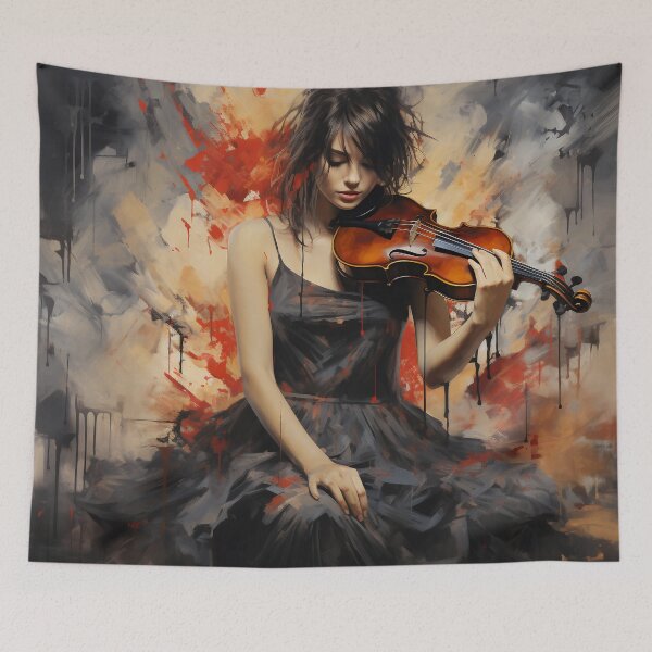 Item preview, Melody & Ink: The Tattoo-Styled Muse with a Violin Against a Crimson Grunge Canvas designed and sold by oanaunciuleanu.