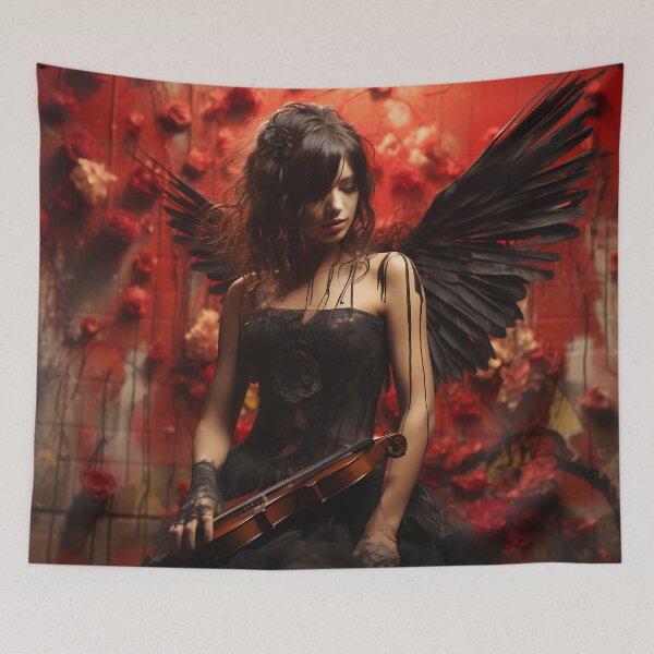 Item preview, Melody & Ink: The Tattoo-Styled Muse with a Violin Against a Crimson Grunge Canvas designed and sold by oanaunciuleanu.
