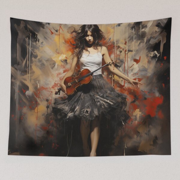 Item preview, Melody & Ink: The Tattoo-Styled Muse with a Violin Against a Crimson Grunge Canvas designed and sold by oanaunciuleanu.