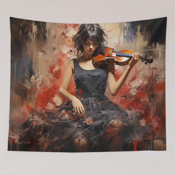 Item preview, Melody & Ink: The Tattoo-Styled Muse with a Violin Against a Crimson Grunge Canvas designed and sold by oanaunciuleanu.