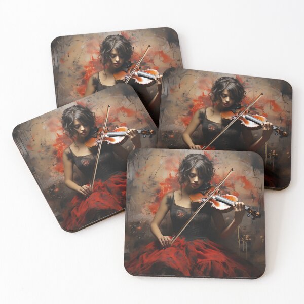 Item preview, Melody & Ink: The Tattoo-Styled Muse with a Violin Against a Crimson Grunge Canvas designed and sold by oanaunciuleanu.