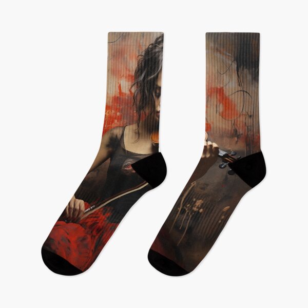 Item preview, Melody & Ink: The Tattoo-Styled Muse with a Violin Against a Crimson Grunge Canvas designed and sold by oanaunciuleanu.