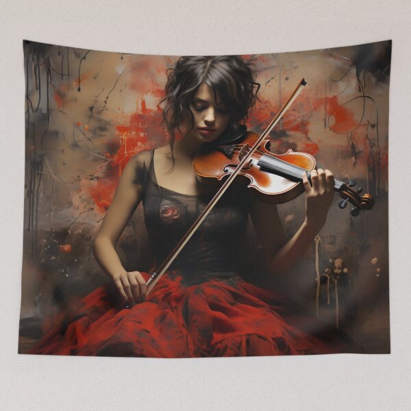 Item preview, Melody & Ink: The Tattoo-Styled Muse with a Violin Against a Crimson Grunge Canvas designed and sold by oanaunciuleanu.