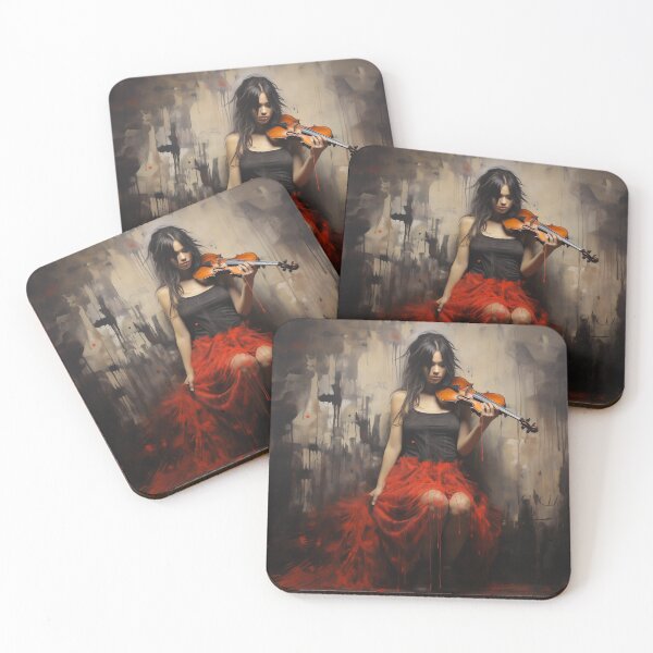 Item preview, Melody & Ink: The Tattoo-Styled Muse with a Violin Against a Crimson Grunge Canvas designed and sold by oanaunciuleanu.