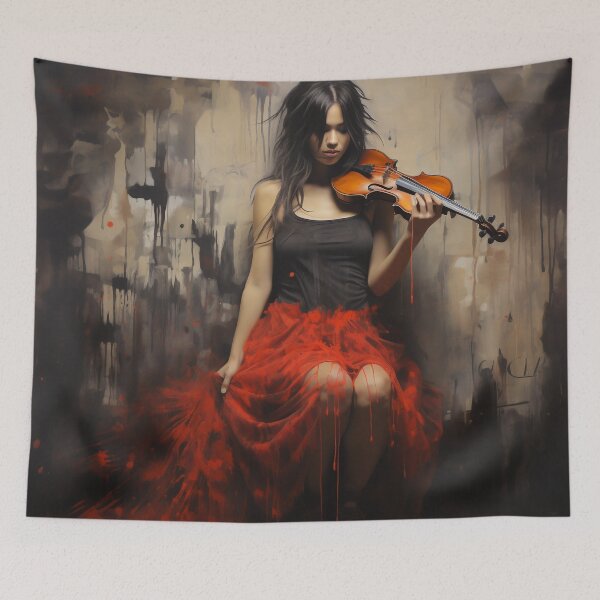 Item preview, Melody & Ink: The Tattoo-Styled Muse with a Violin Against a Crimson Grunge Canvas designed and sold by oanaunciuleanu.