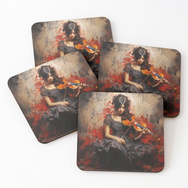 Item preview, Melody & Ink: The Tattoo-Styled Muse with a Violin Against a Crimson Grunge Canvas designed and sold by oanaunciuleanu.